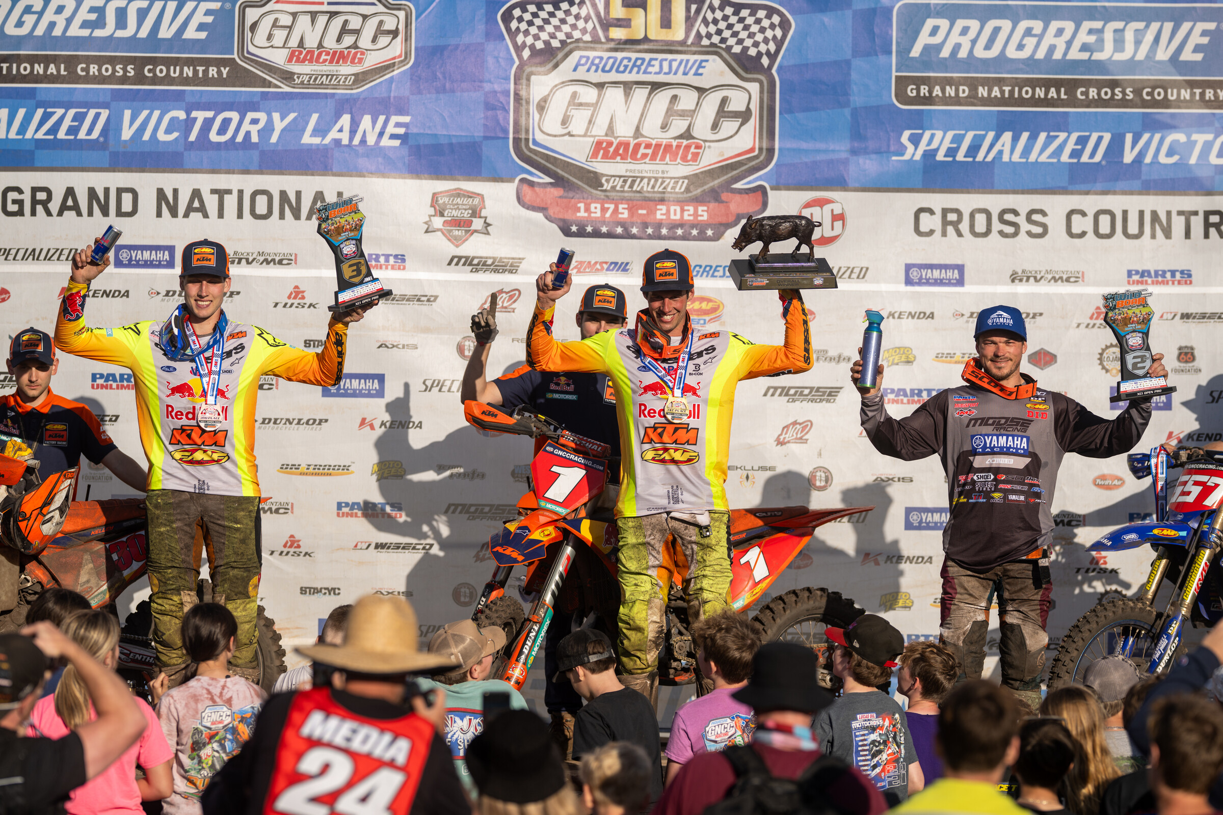 Moose Racing Wild Boar Top Three Overall: Johnny Girroir (center), Kailub Russell (right) and Benjamin Kelley (left).
