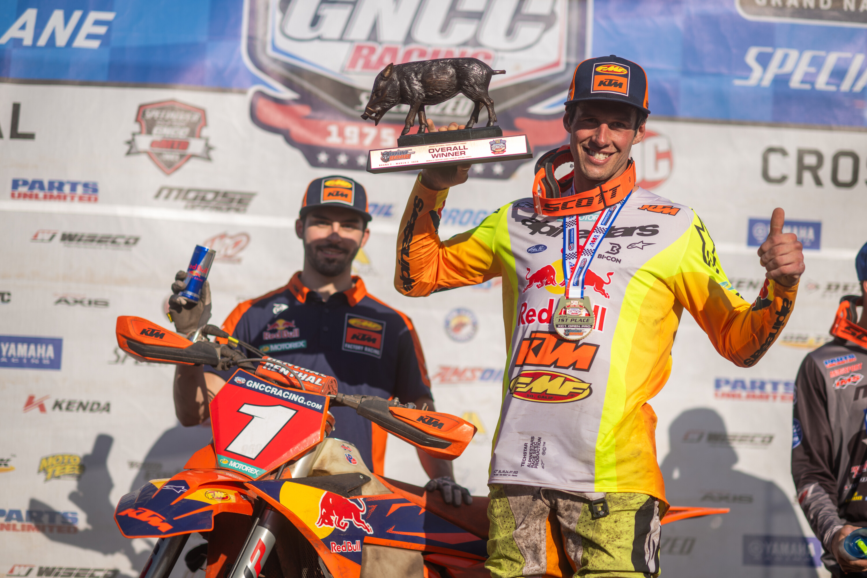FMF KTM FACTORY RACING'S JOHNNY GIRROIR STANDS ON TOP OF WILD BOAR GNCC PODIUM
