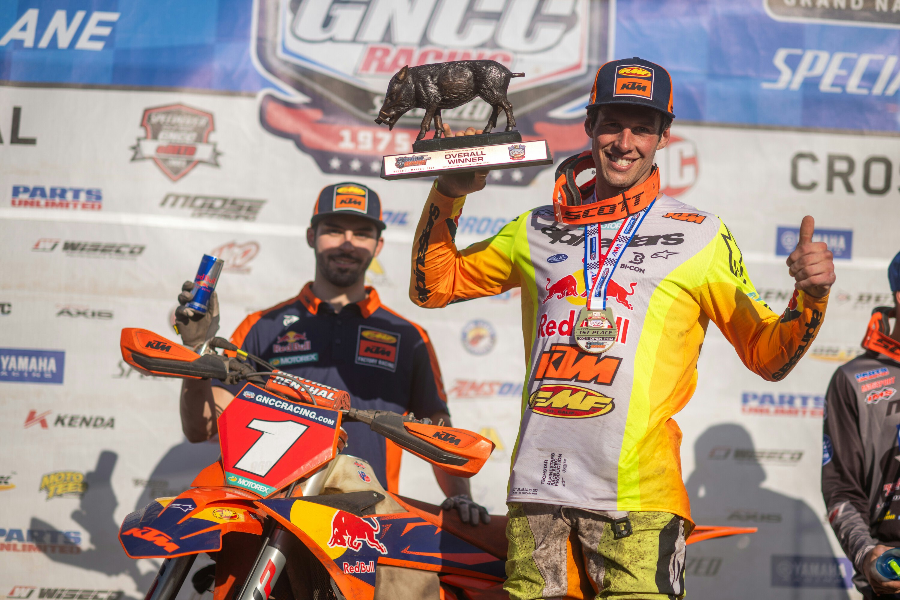 FMF KTM FACTORY RACING'S JOHNNY GIRROIR STANDS ON TOP OF WILD BOAR GNCC PODIUM