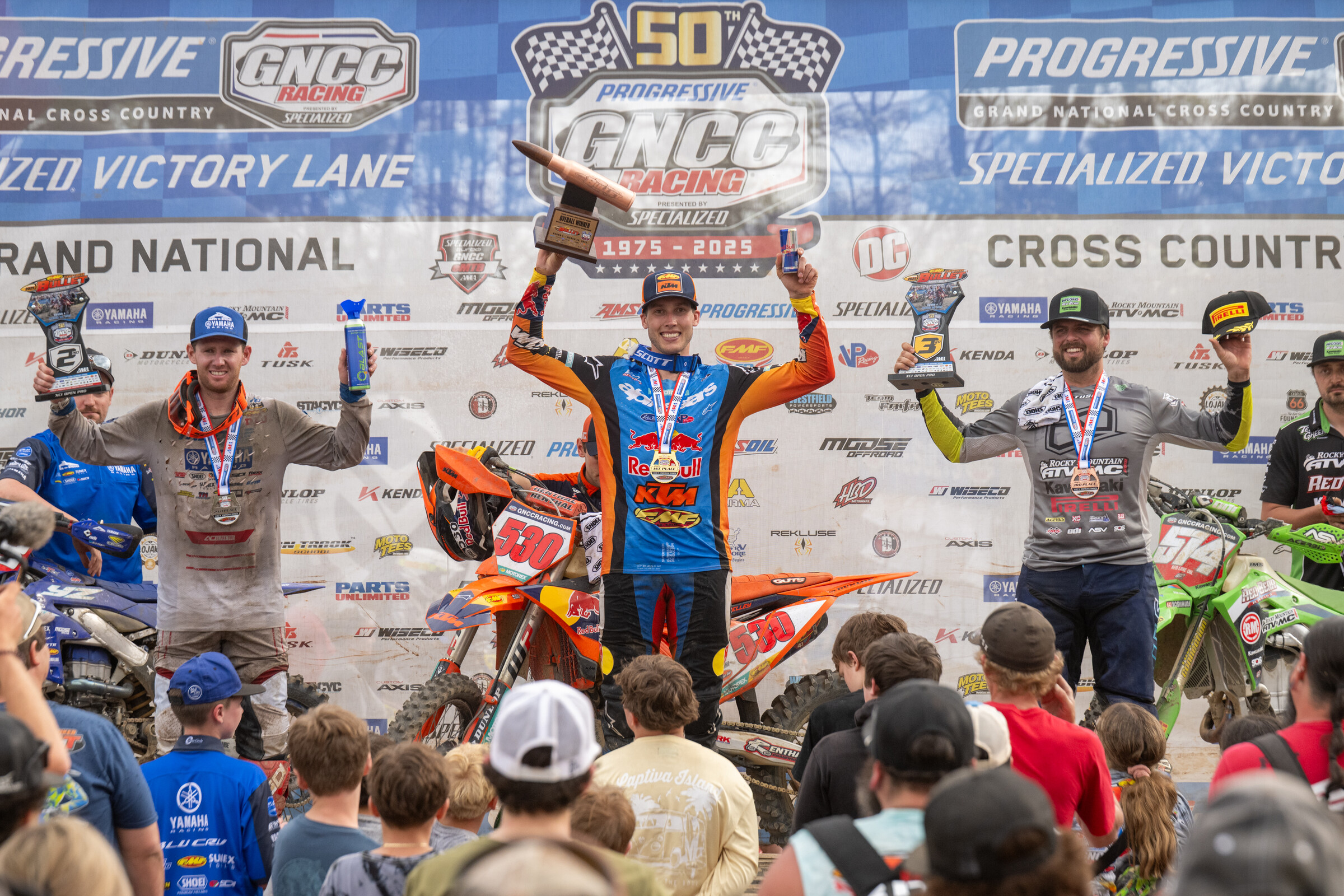 FMF Camp Coker Bullet Top Three XC1 Open Pro finishers: Ben Kelley (center), Liam Draper (left) and Steward Baylor (left).