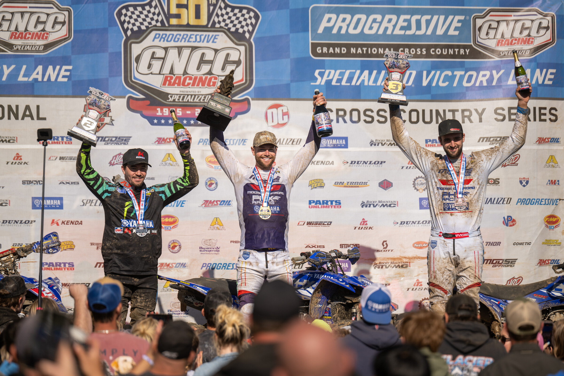 The Specialized Old Gray GNCC Top Three Overall: Brycen Neal (center), Walker FOwler (left) and John Glauda Jr. (right).