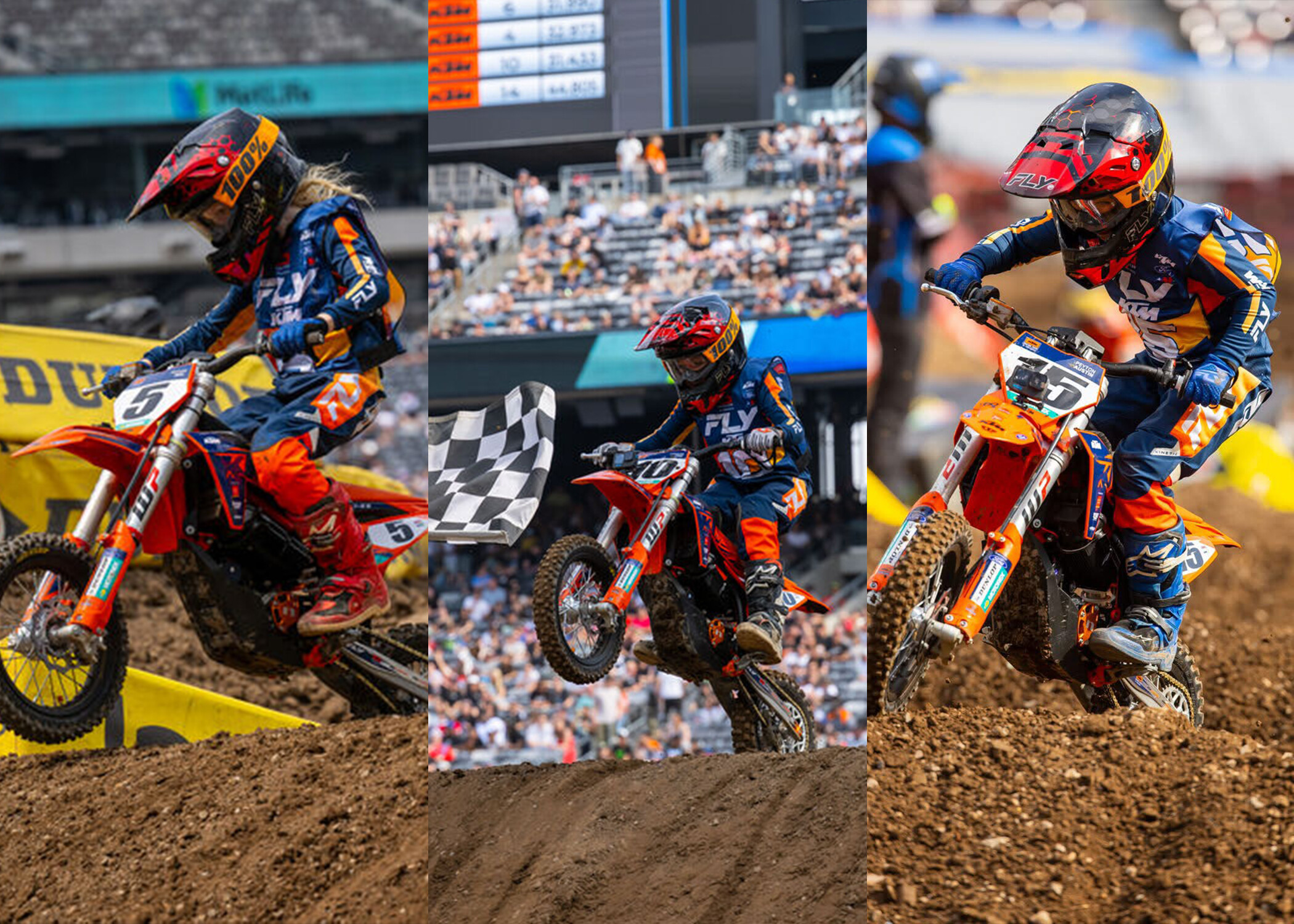 Deegan Deel #5, Carson Zink #10 and Peyton Austin #15 took part in the KTM Supercross Program at the East Rutherford Supercross.