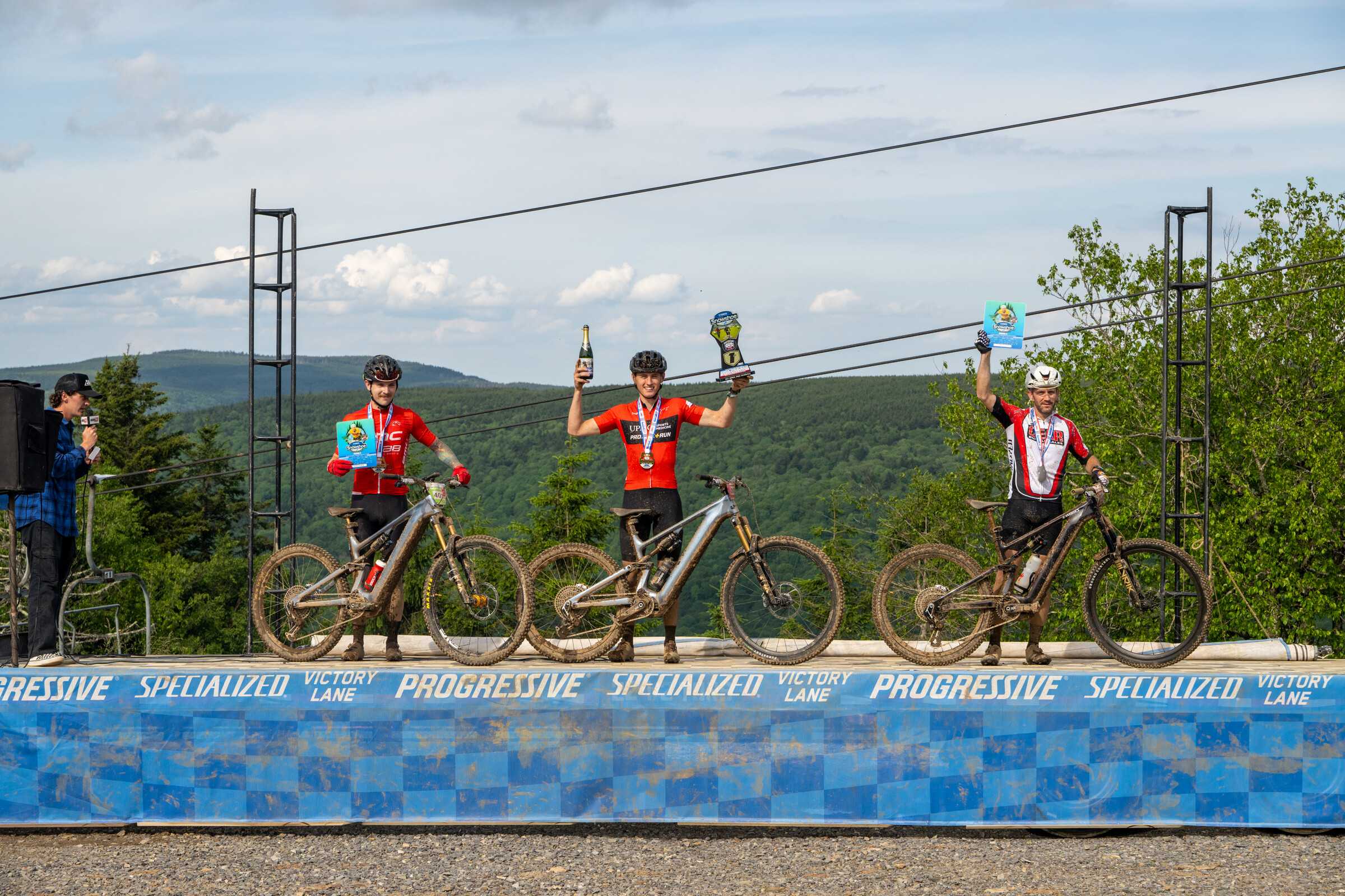 On Friday afternoon, Cody Pivirotto (center) took home the XC1 Pro eMTB overall win followed by Garrett Stout (right) and Tyler Daniels (left).