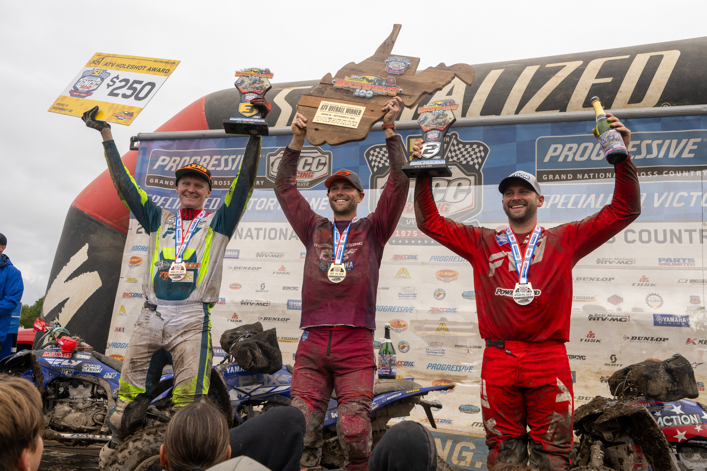 The Dunlop Buckwheat 100 GNCC Top Three Finishers: Brycen Neal (center), Josh Merritt (right) and Hunter Hart (left).