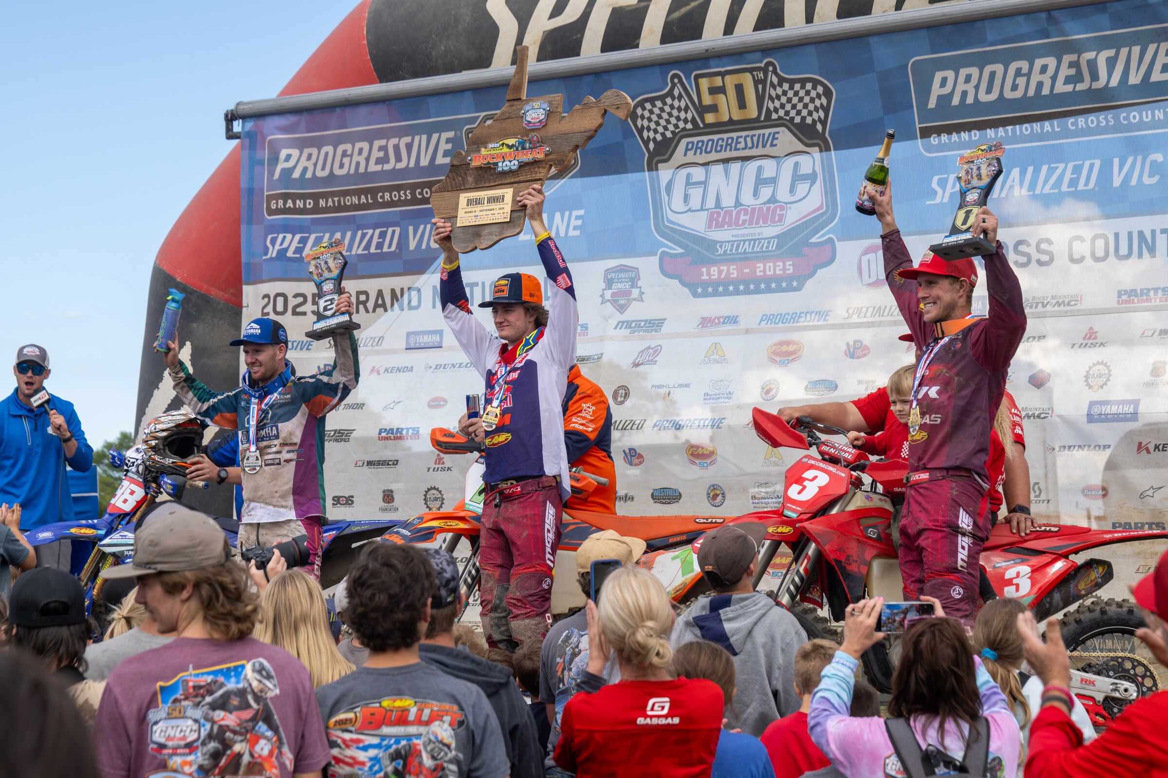 The Dunlop Buckwheat 100 GNCC Top Three: Grant Davis (center), Jordan Ashburn (right) and Liam Draper (left).