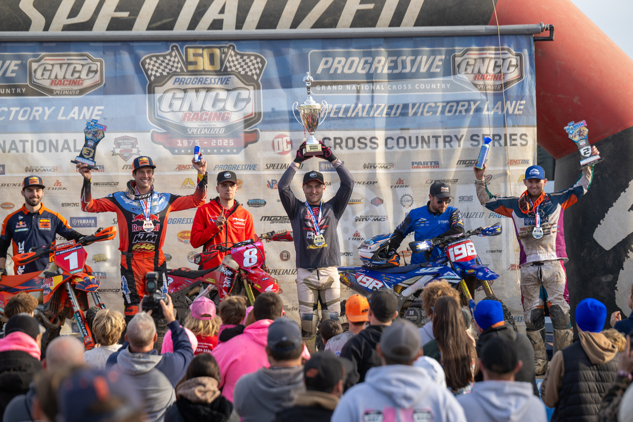 Yamaha Racing Ironman GNCC XC1 Open Pro Class Podium: Mike Witkowski (center), Liam Draper (right) and Johnny Girroir (left).
