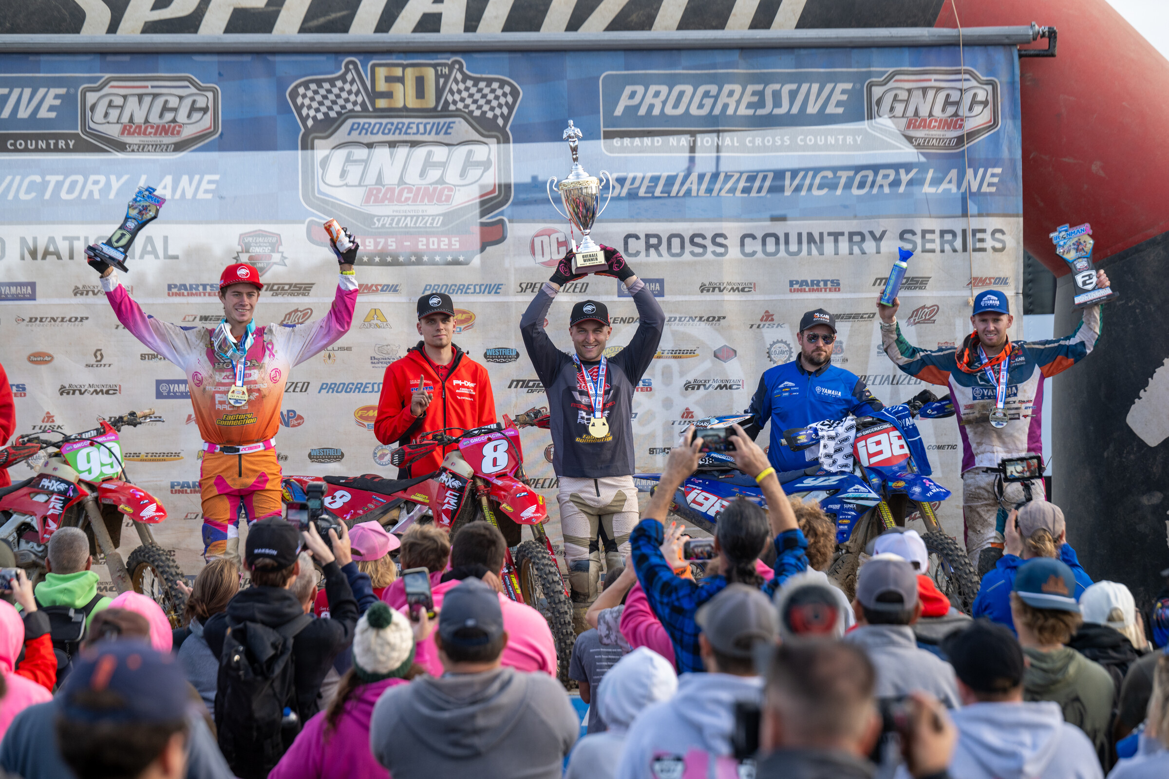 Yamaha Racing Ironman GNCC Overall Podium: Mike Witkowski (center), Cody Barnes (left) and Liam Draper (right).