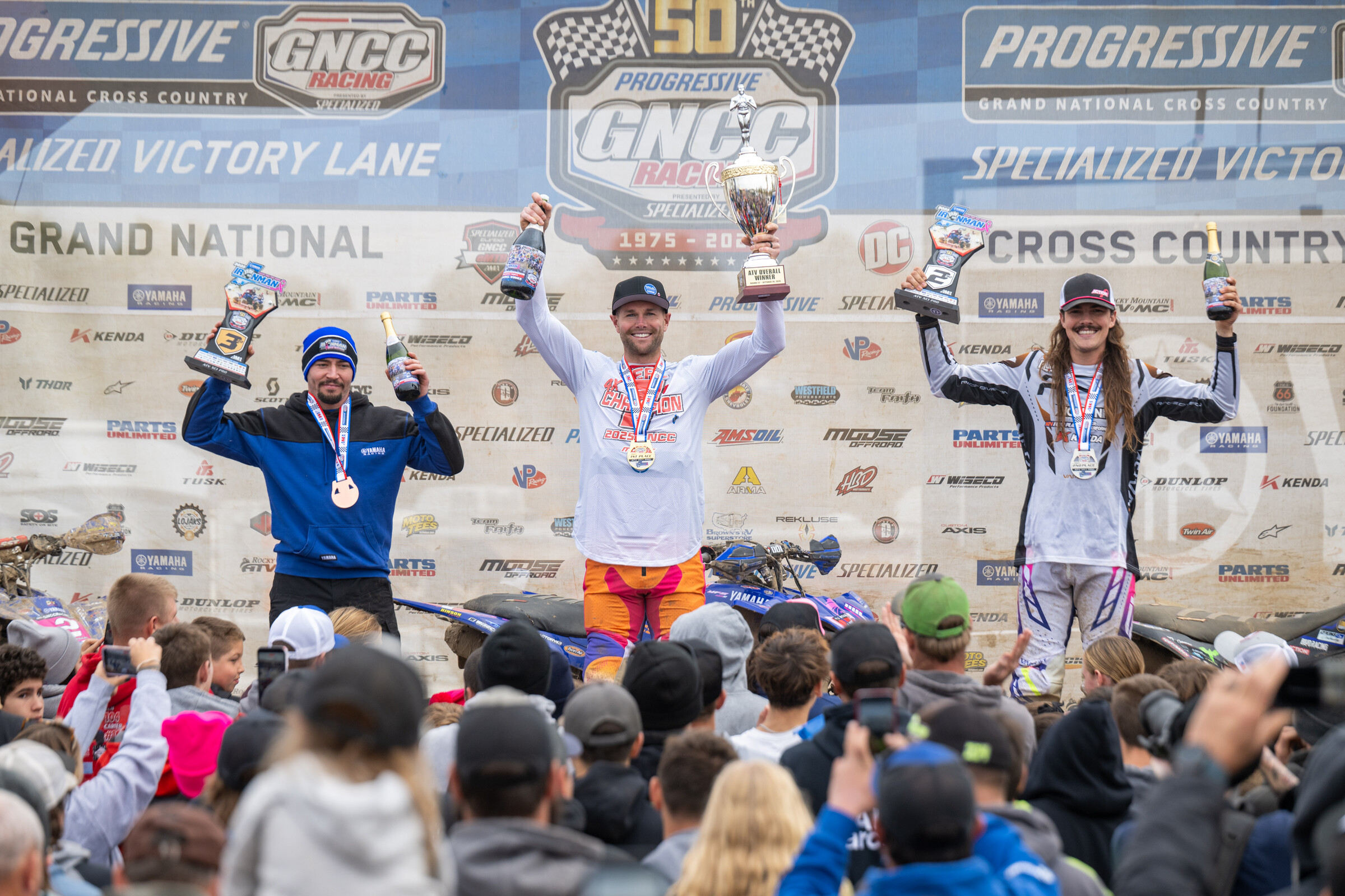 Yamaha Racing Ironman GNCC Overall ATV Podium: Brycen Neal (center), Wyatt Wilkin (right) and Walker Fowler (left).