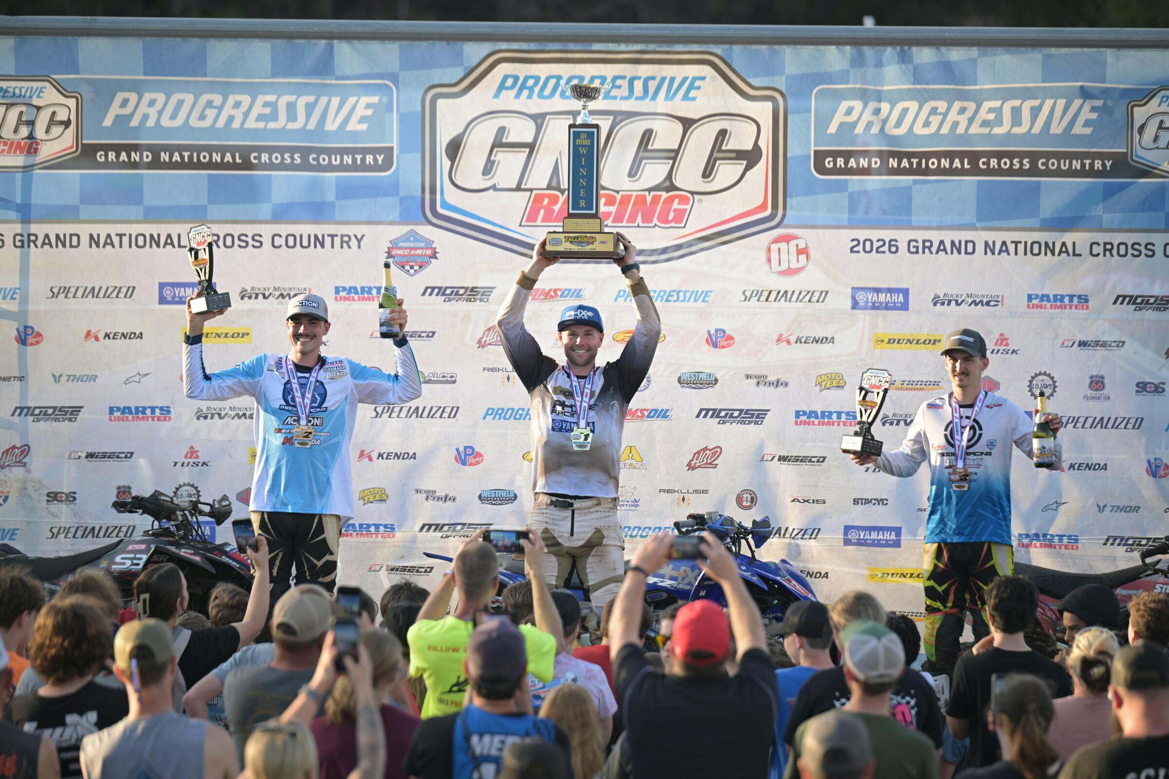 Talladega GNCC Top Three Overall: Brycen Neal (center), Wyatt Wilkin (left) and Branden Owens (right).