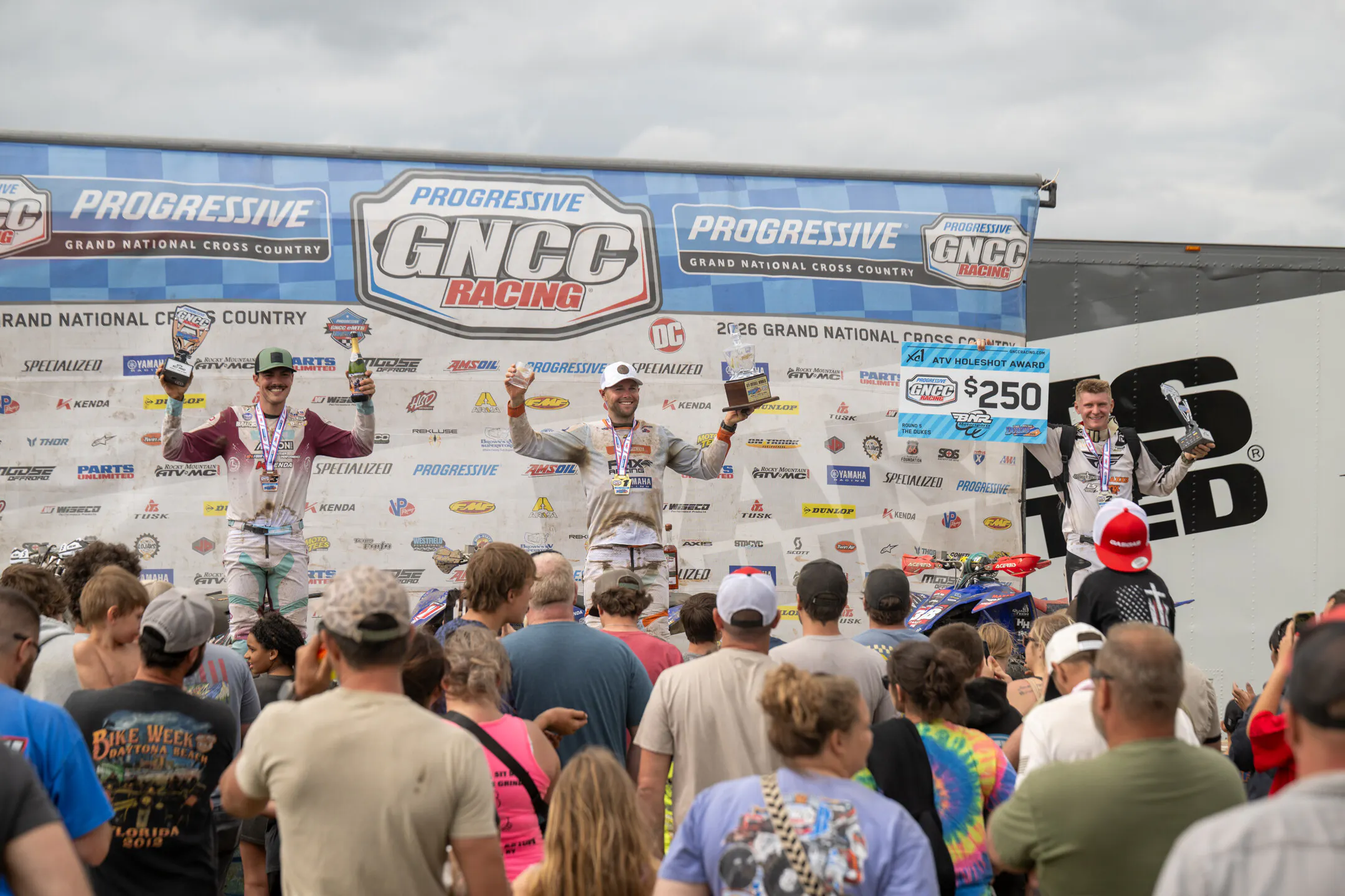 The Rocky Mountain ATV/MC Dukes GNCC Top Three: Brycen Neal (center), Hunter Hart (right) and Wyatt Wilkin (left).