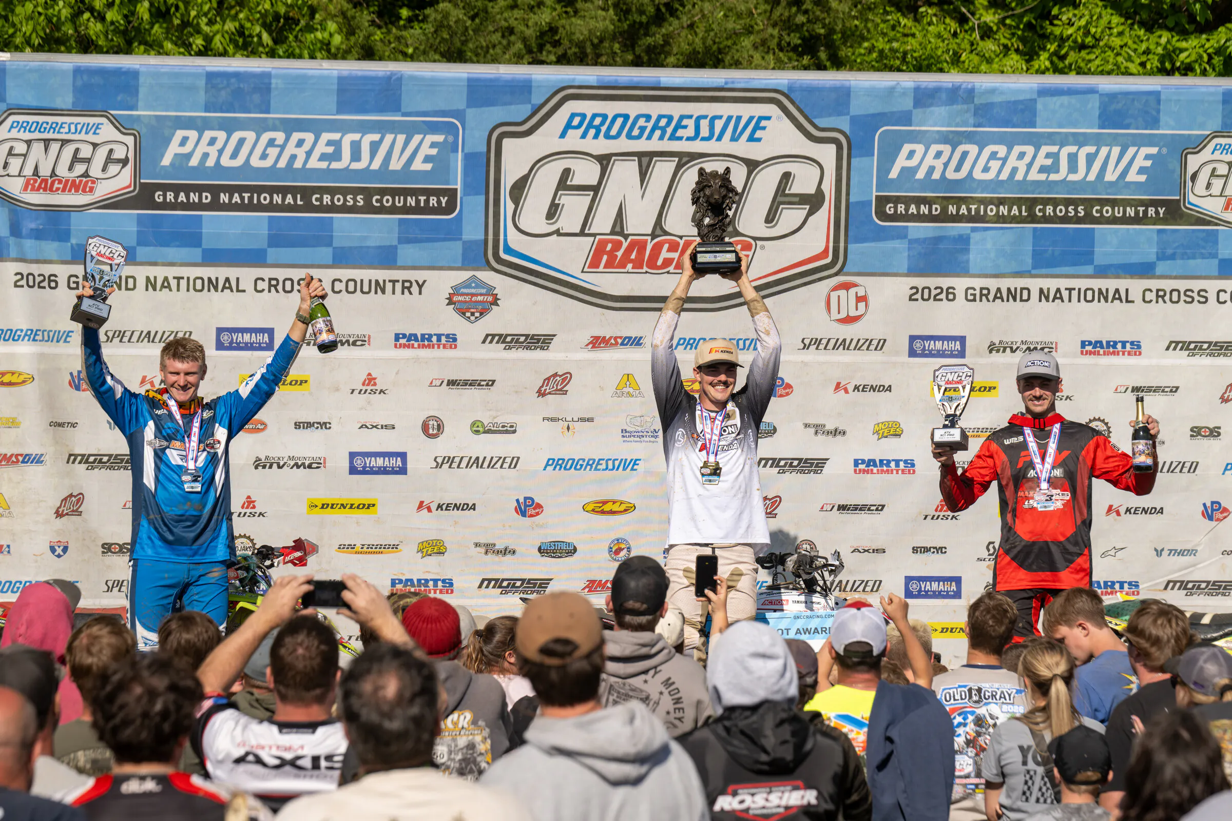 The Specialized Old Gray GNCC Top Three Overall: Wyatt Wilkin (center), Hunter Hart (left) and Jay Shadron (right).