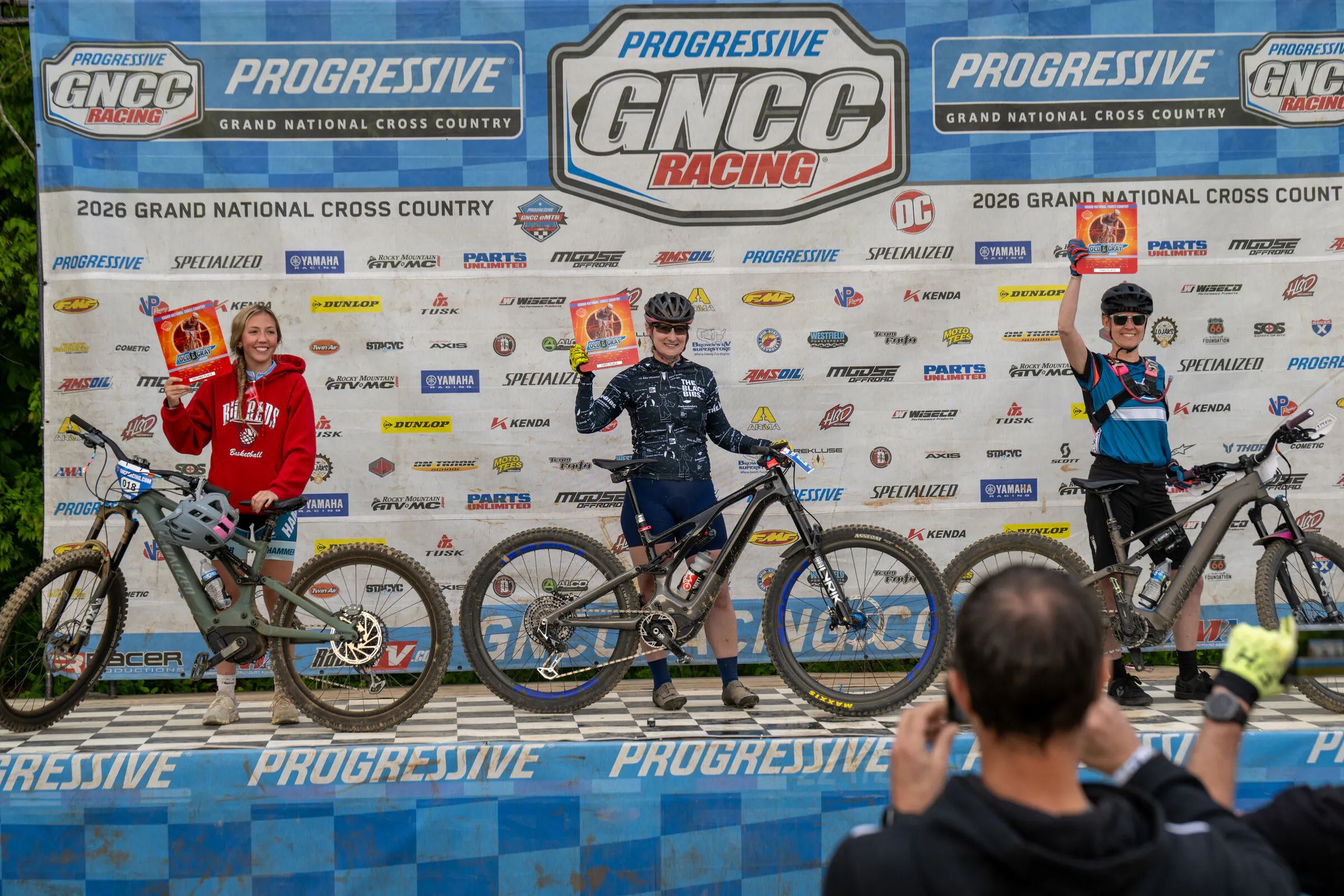 Ashley Hendershot earned the Women's eMTB class win at round 1 of the Progressive GNCC eMTB Series. Nicole Rupert (left) and Alicia Meacham (right) rounded out the top three in the class.