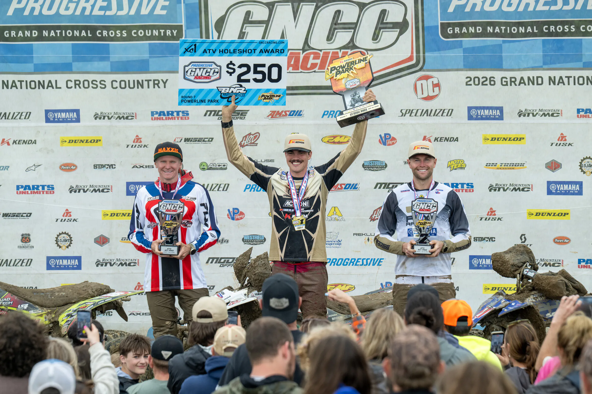 Kenda Powerline Park Top Three Overall Finishers: Wyatt Wilkin (center), Brycen Neal (right) and Hunter Hart (left).