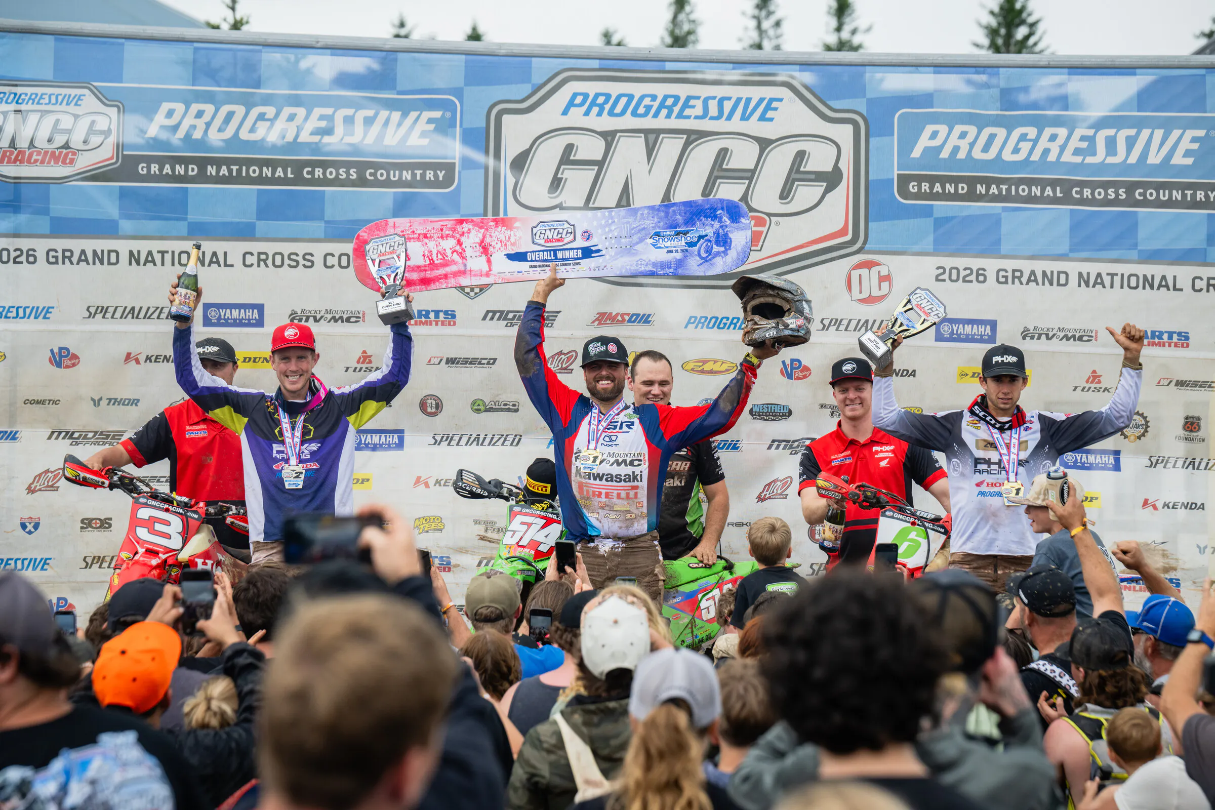 Yamaha Racing Snowshoe Overall Top Three: Steward Baylor (center), Angus Riordan (right) and Jordan Ashburn (left).